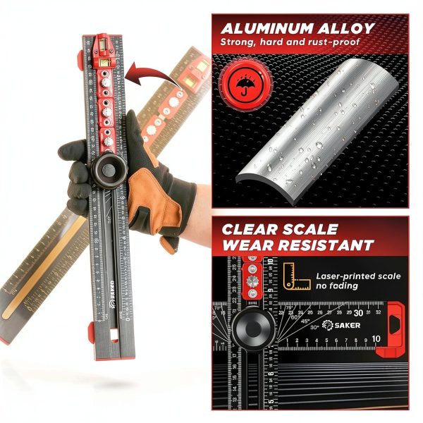 Saker 4-in-1 Drilling Positioning Ruler 13.78in Aluminum T-Square-5