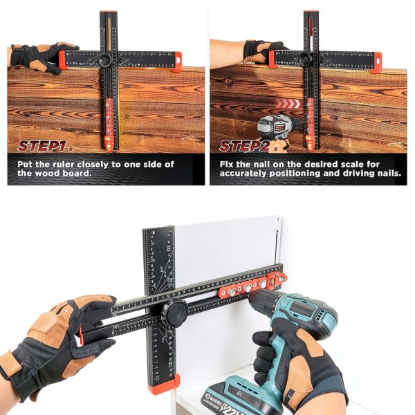 Saker 4-in-1 Drilling Positioning Ruler 13.78in Aluminum T-Square-7