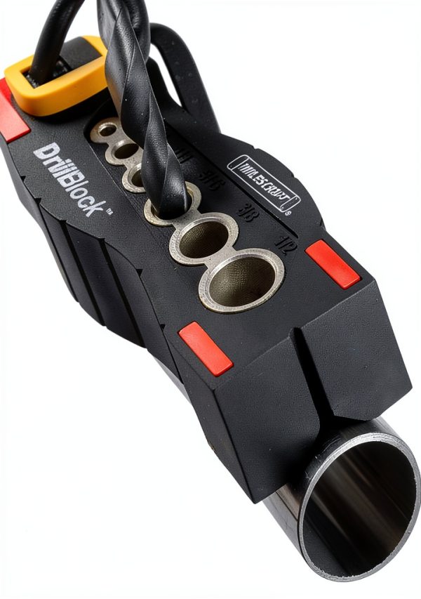 Milescraft 1312 Drill Block - Handheld Drilling Guide, Drilling Jig with Drill Guides for 6 of the Most Common Imperial Drill Bit Sizes, Precision Drilling Tool Accessory-3