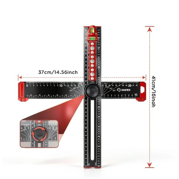 Saker 4-in-1 Drilling Positioning Ruler 13.78in Aluminum T-Square-4
